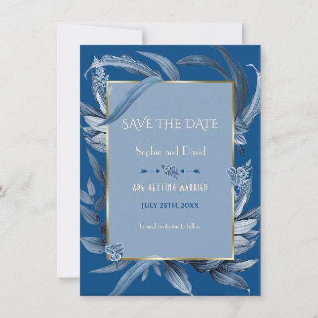 Modern Classic Blue Leaves Gold Save The Date Invitation (Front)