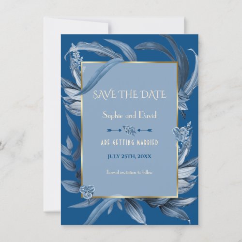 Modern Classic Blue Leaves Gold Save The Date Invitation