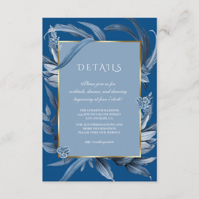 Modern Classic Blue Leaves Gold Wedding Reception Enclosure Card (Front)