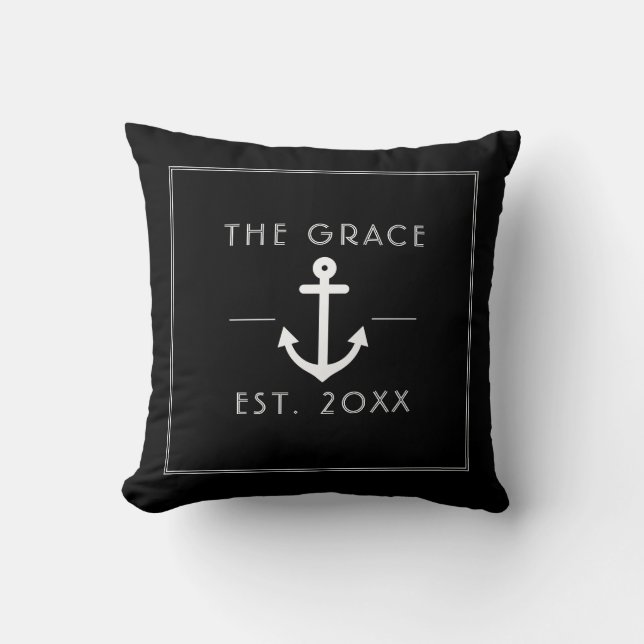 Modern Classic Boat Name Nautical Black Throw Pillow (Front)