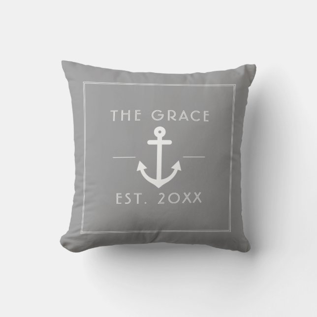 Modern Classic Boat Name Nautical Gray Throw Pillow (Front)