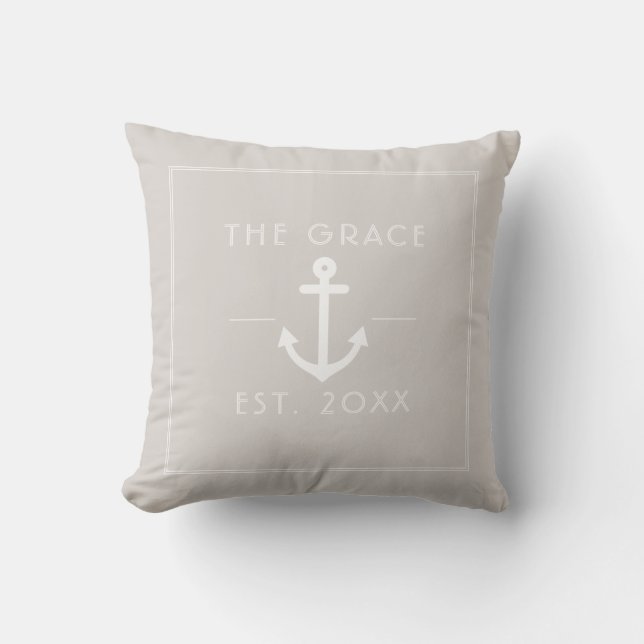 Modern Classic Boat Name Nautical Tan Throw Pillow (Front)