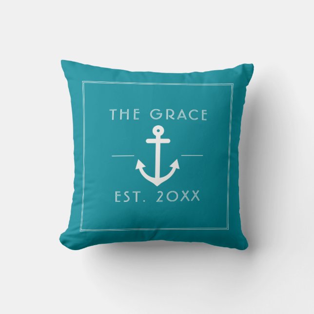 Modern Classic Boat Name Nautical Teal Throw Pillow (Front)
