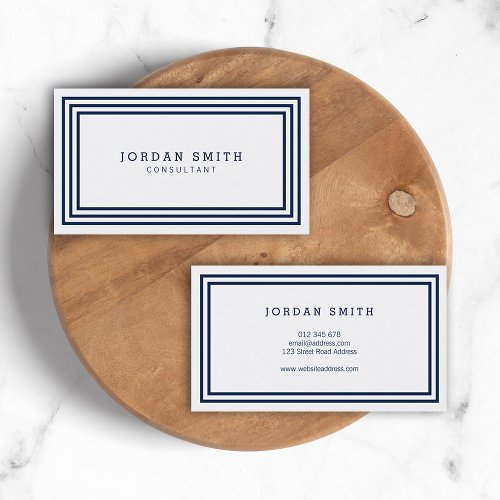Modern Classic Borders Navy Blue and White Business Card