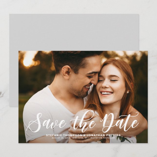 Modern Classic Calligraphy Overlay Photo Save The Date (Front/Back)