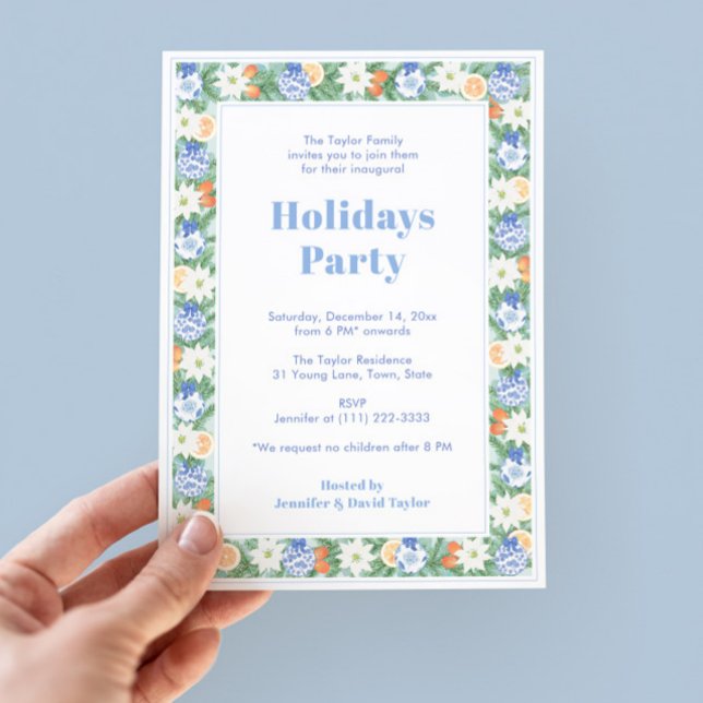 Modern Classic Chinoiserie Citrus Holidays Party Invitation (Citrus Ginger Jar Holidays Party Invitation Featuring Hand Painted Chintz border in blues and orange)
