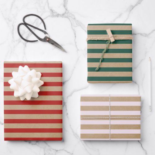 Modern Classic Cream Red Green Kraft Stripes Wrapping Paper Sheets