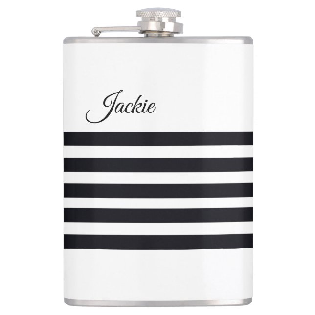 Modern Classic Custom Script White & Black Stripes Flask (Front)