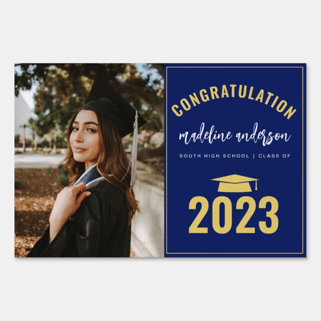 Modern Classic Dark Blue Photo Graduation Sign (Front)