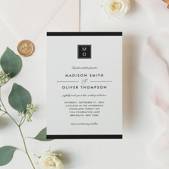 Modern Classic Elegant Black Monogram Wedding Invitation (Creator Uploaded)