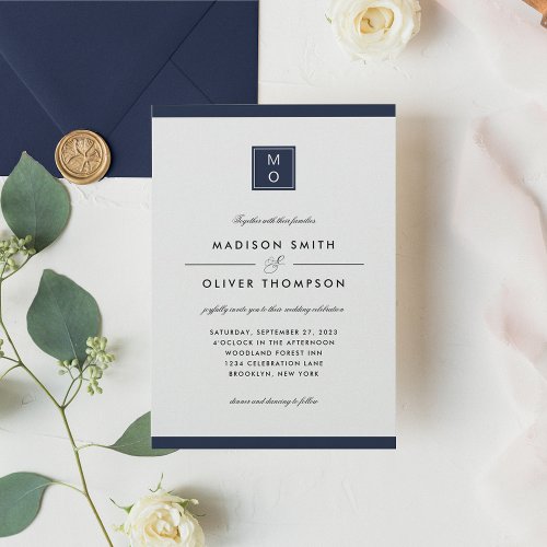 Modern Classic Elegant Navy Blue Monogram Wedding Invitation