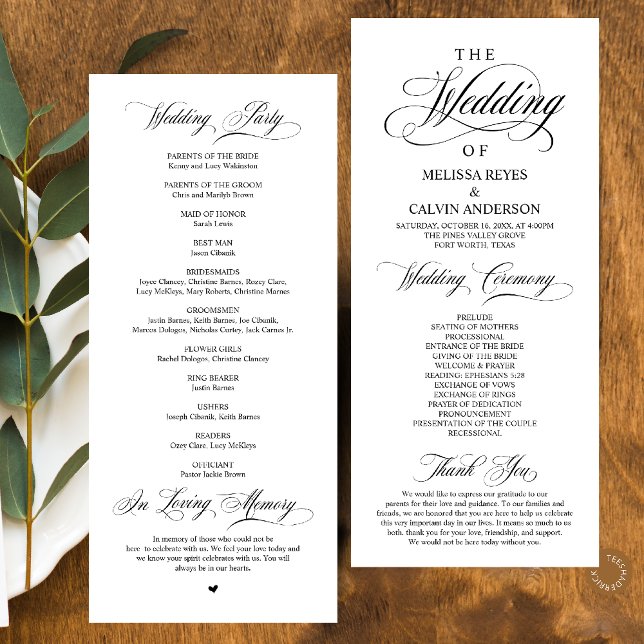 Modern Classic Elegant Wedding Ceremony Program (Elegant Classy Black and White Script Wedding Program Card)
