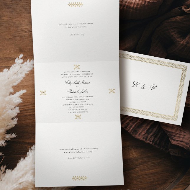 Modern Classic Formal Golden Lys Ivory Wedding Tri-Fold Invitation (formal traditional wedding invitation modern classic gold ivory deco ballroom all in one trifold)