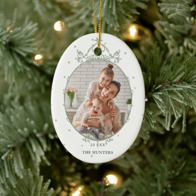 Modern Classic Frame 2 Photo Christmas Holiday Ceramic Ornament (Tree)