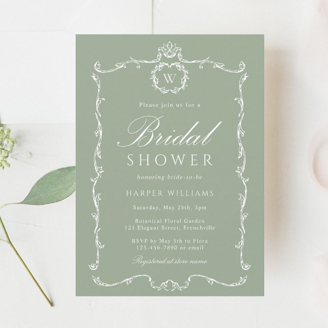 Modern Classic Frame Bridal Shower Sage Green Invitation (Creator Uploaded)