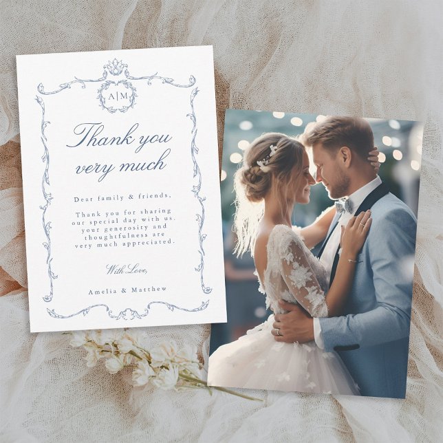 Modern Classic French Frame Blue Wedding Photo Thank You Card (Front & Back)