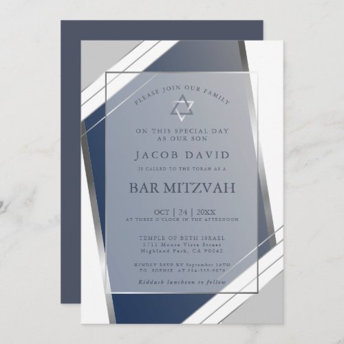 Modern Classic Geometric Blue SIlver Bar Mitzvah Invitation
