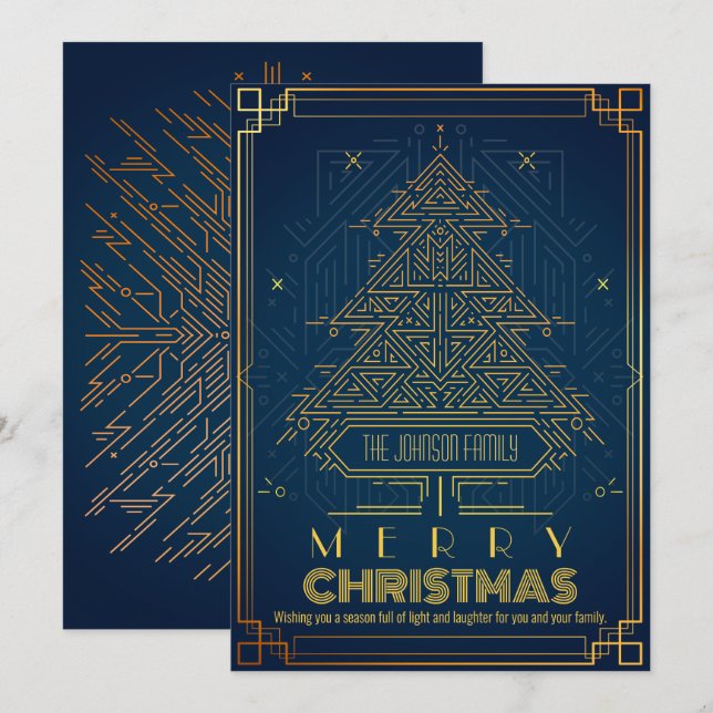 Modern Classic Gold Blue Geometric Christmas Tree Holiday Card (Front/Back)