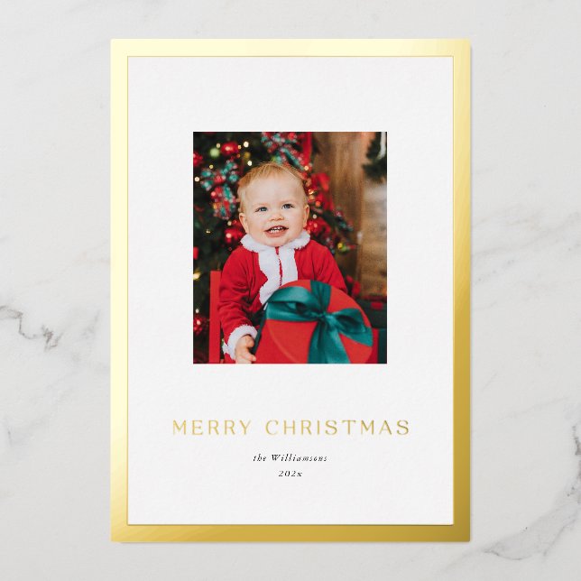 Modern Classic Gold Frame Christmas Photo Foil Holiday Card (Front)