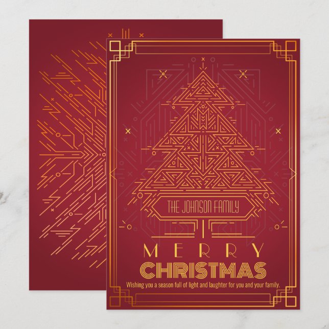 Modern Classic Gold Red Geometric Christmas Tree Holiday Card (Front/Back)