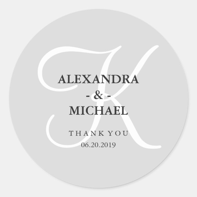 Modern Classic Gray Monogram and Thank You Classic Round Sticker (Front)