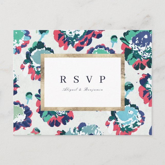 Modern classic green abstract floral wedding RSVP Invitation Postcard (Front)