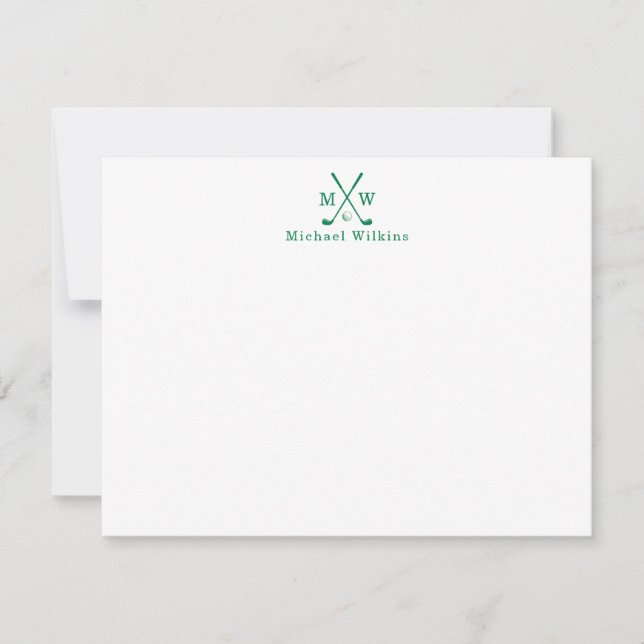 Modern Classic Green Crossed Clubs Golf Monogram Note Card (Front)