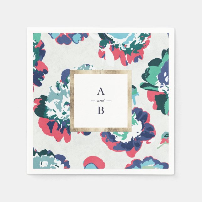 Modern classic green gold abstract floral monogram napkins (Front)