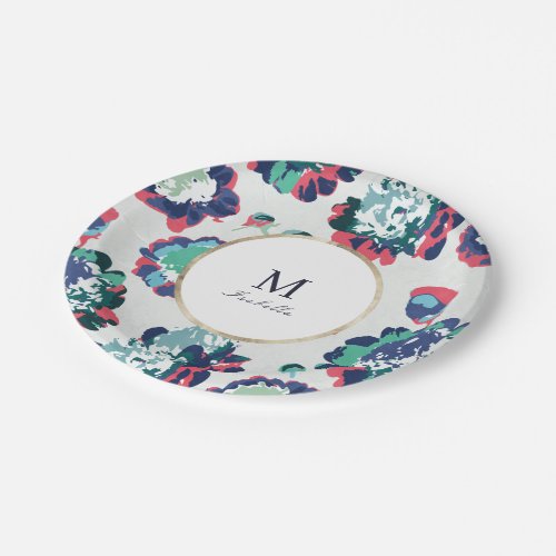 Modern classic green gold abstract floral monogram paper plates