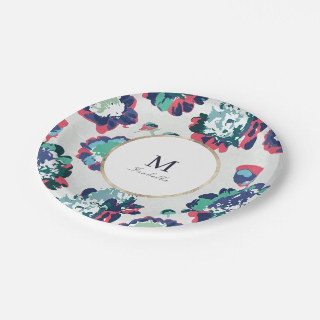 Modern classic green gold abstract floral monogram paper plates (Angled)