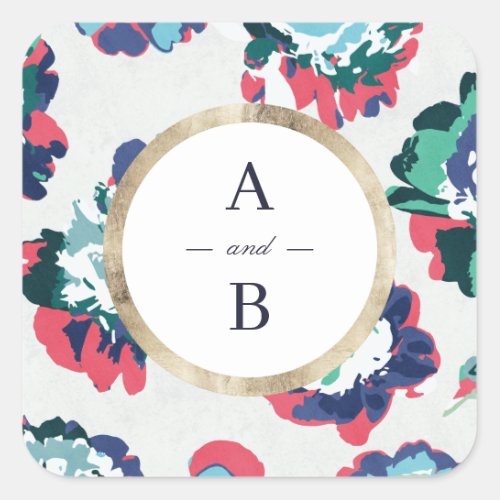 Modern classic green gold abstract floral monogram square sticker