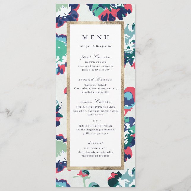 Modern classic green gold abstract floral wedding  menu (Front)