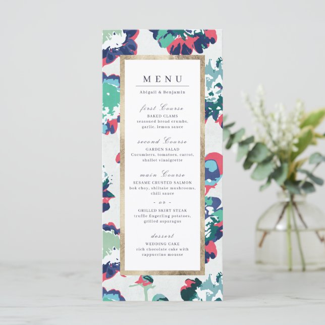 Modern classic green gold abstract floral wedding  menu (Standing Front)