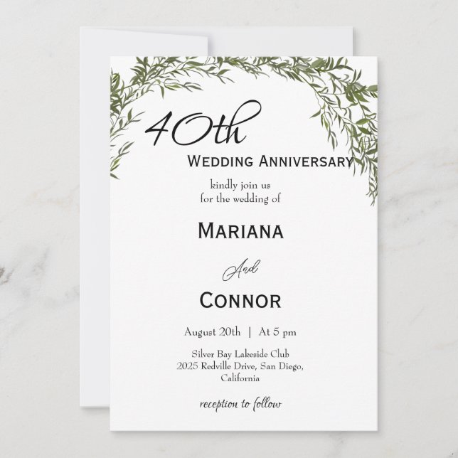 Modern Classic Greenery Wedding Anniversary  Invitation (Front)