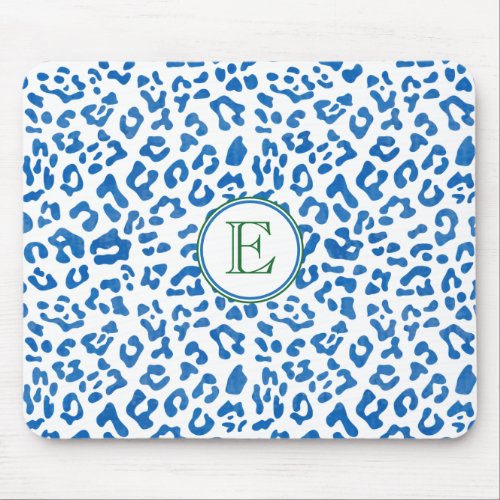 Modern Classic Ladies Blue Leopard Print Monogram Mouse Pad
