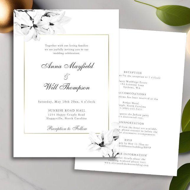 Modern Classic Magnolias Gold All in One Wedding Invitation (Creator Uploaded)