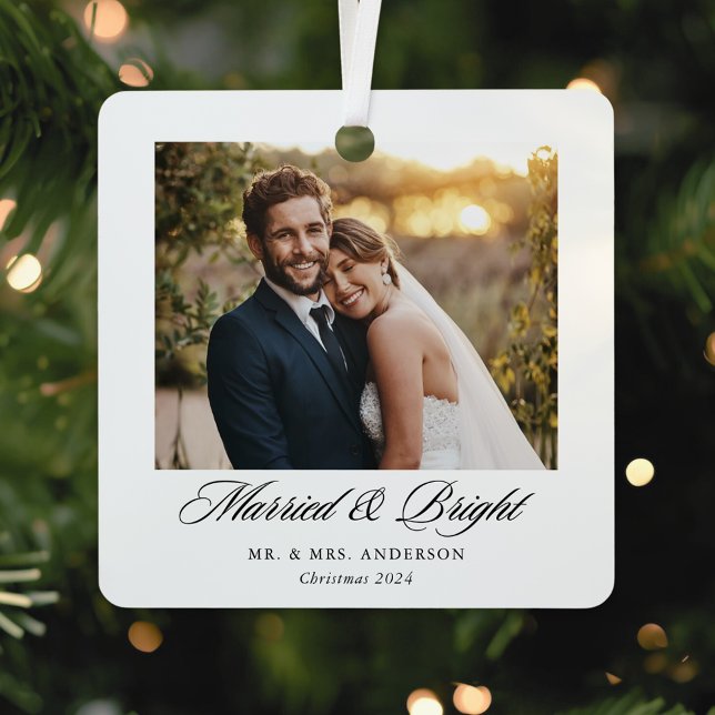 Modern Classic Married and Bright Wedding Photo Metal Ornament (Creator Uploaded)