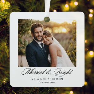 Modern Classic Married and Bright Wedding Photo Metal Ornament