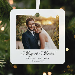 Modern Classic Merry and Married Wedding Photo Metal Ornament
