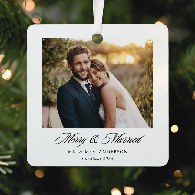 Modern Classic Merry and Married Wedding Photo Metal Ornament (Creator Uploaded)