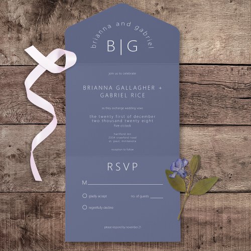 Modern Classic Minimal Monogram Blue No Dinner All In One Invitation