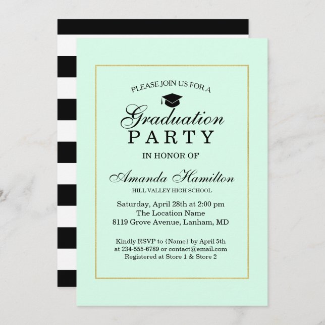 Modern Classic Mint green gold Frame Graduation Invitation (Front/Back)
