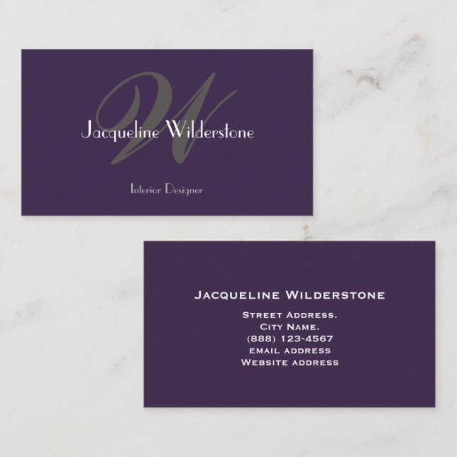 Modern Classic Monogram & Name Classy Chic Purple  Business Card (Front/Back)