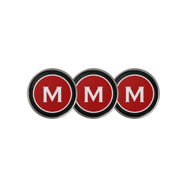 Modern Classic Monogram Red Black Golf Ball Marker (3 Up)
