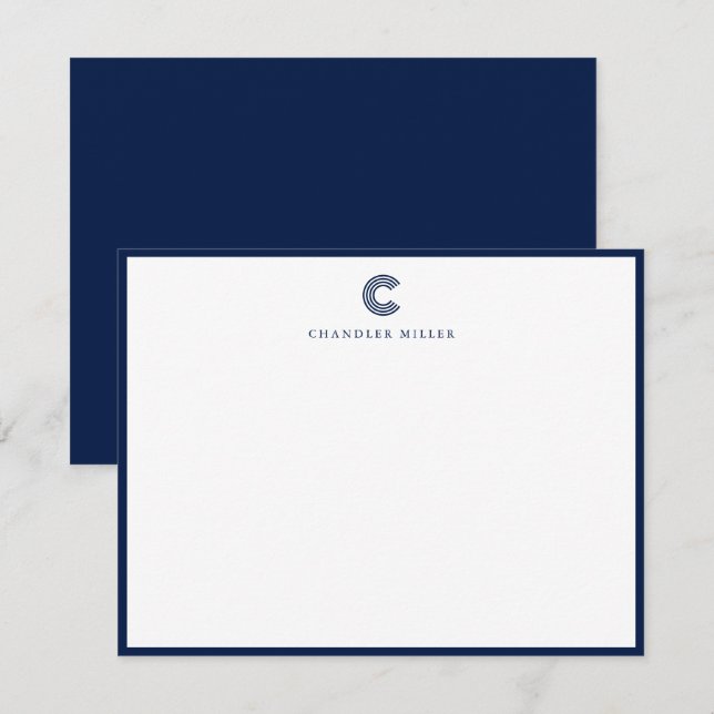 Modern Classic Navy Blue Border Custom Stationery Note Card (Front/Back)
