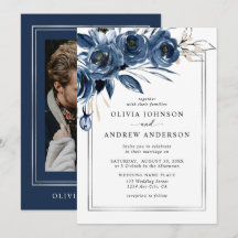 Modern Classic Navy Blue Floral Photo Wedding