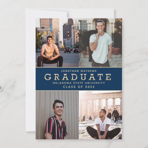 Modern Classic Navy Blue Gold Photo Graduation Announcement