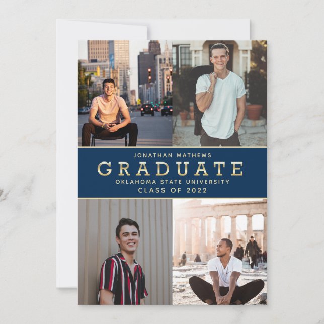 Modern Classic Navy Blue Gold Photo Graduation Invitation (Front)