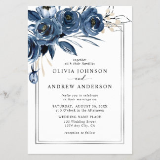 Modern Classic Navy Blue & Silver Floral Wedding Flyer