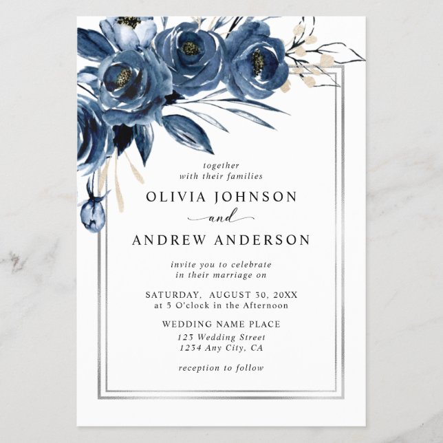 Modern Classic Navy Blue & Silver Floral Wedding Flyer (Front)